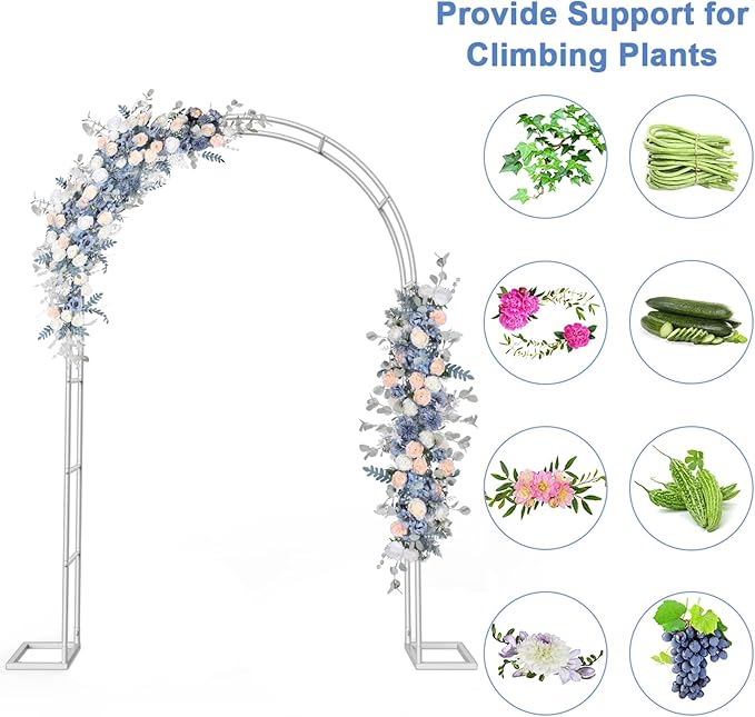 HEOMU Garden Arch Trellis, Metal Garden Arbor with Base, 5.3'W x 7.6'H or 7.9'W x 6.3'H, Assemble Freely 2 Sizes, Arch Trellis for Climbing Plants Outdoor Wedding Bridal Party Decoration, White