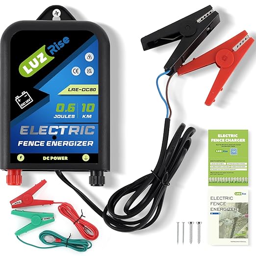 Electric Fence Energizer DC Powered Electric Fence Charger 0.6J Output 10KM Range with IP65 Waterproof Function for Livestock, Farmland, Garden, Preventing Wild Animals Intruding (LRE-DC80)