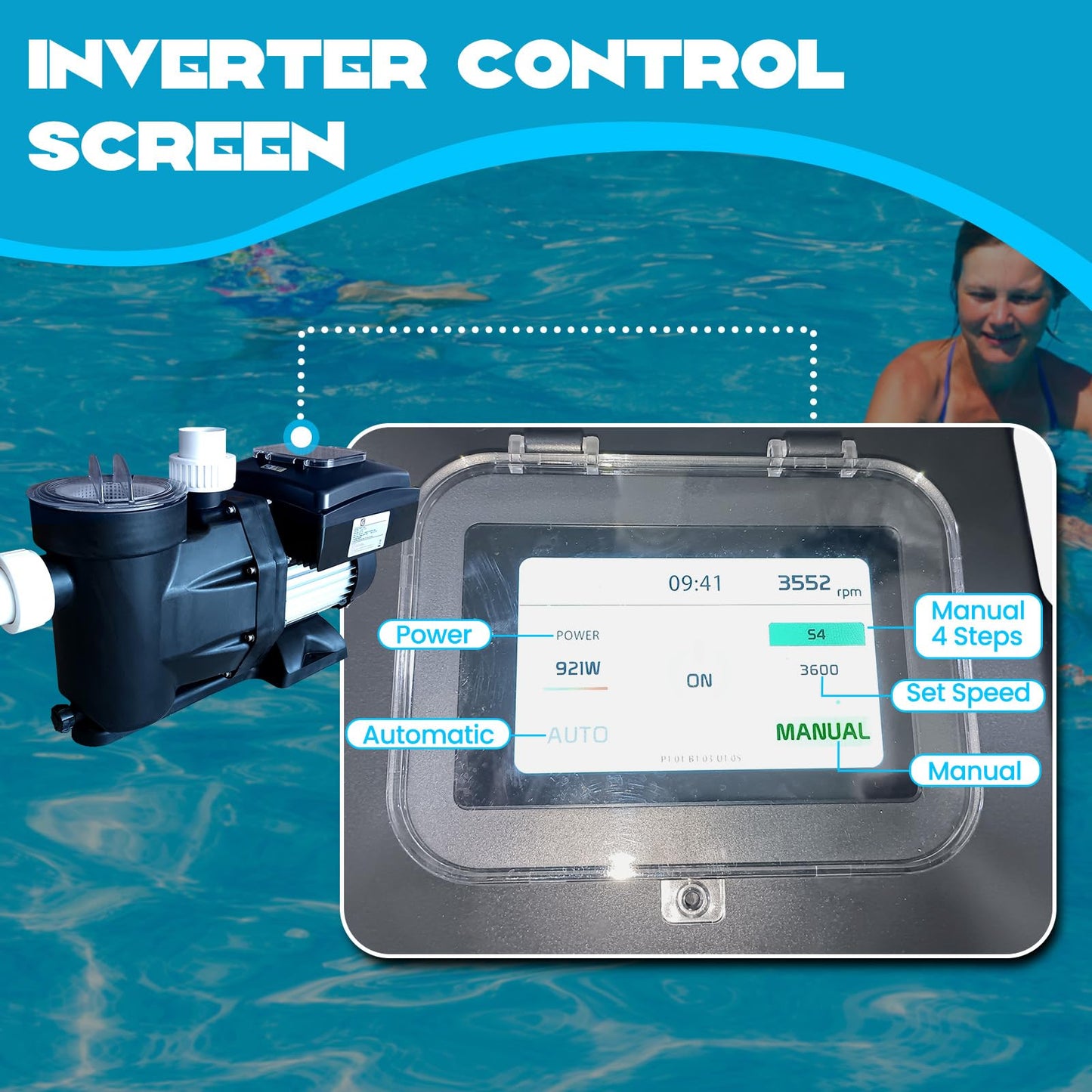 1.5HP Above/In Ground Pool Pump – Variable Speed 3000-9000 GPH, 110V Self-Priming Pump with 1100W Powerful Copper Motor, Quiet Operation, and Control Screen