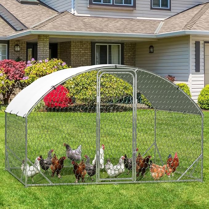 Large Metal Chicken Coop, Dome Shape with Tri-Supporting, Chicken Coop Run with Waterproof and Anti-UV Cover (6.6'L x 9.8'W x 6.6'H)