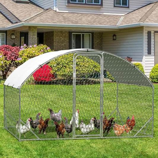 Large Metal Chicken Coop, Dome Shape with Tri-Supporting, Chicken Coop Run with Waterproof and Anti-UV Cover (6.6'L x 9.8'W x 6.6'H)