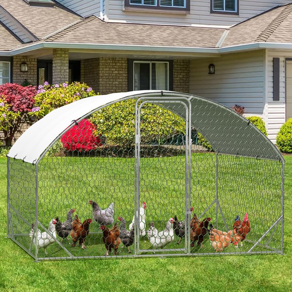 GarveeLife Large Metal Chicken Coop, Dome Shape with Tri-Supporting, Chicken Coop Run with Waterproof and Anti-UV Cover (6.6'L x 9.8'W x 6.6'H)