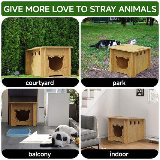 Pinewood Cat House, Weatherproof Wooden Bunny Rabbit Cat Hutch Outdoor Pet Cage Shelter Feral Cat House, Small Pet House and Habitats