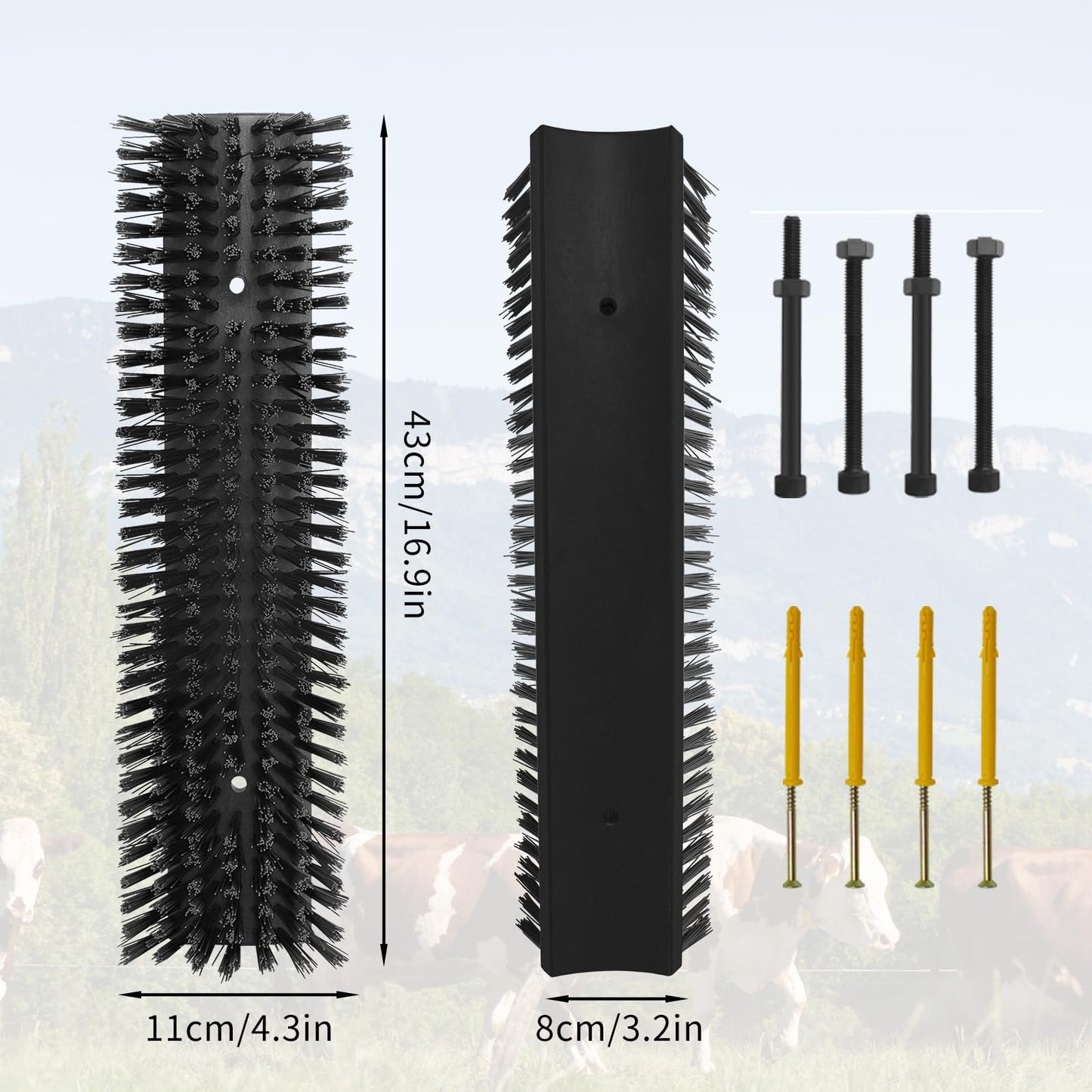Livestock Scratch Brush With 8 Screws，Animal Back Scratching Brush for Cow,Cattle,Sheep, Horses,Pigs，Massage Grooming Tool (Black, 2pcs)