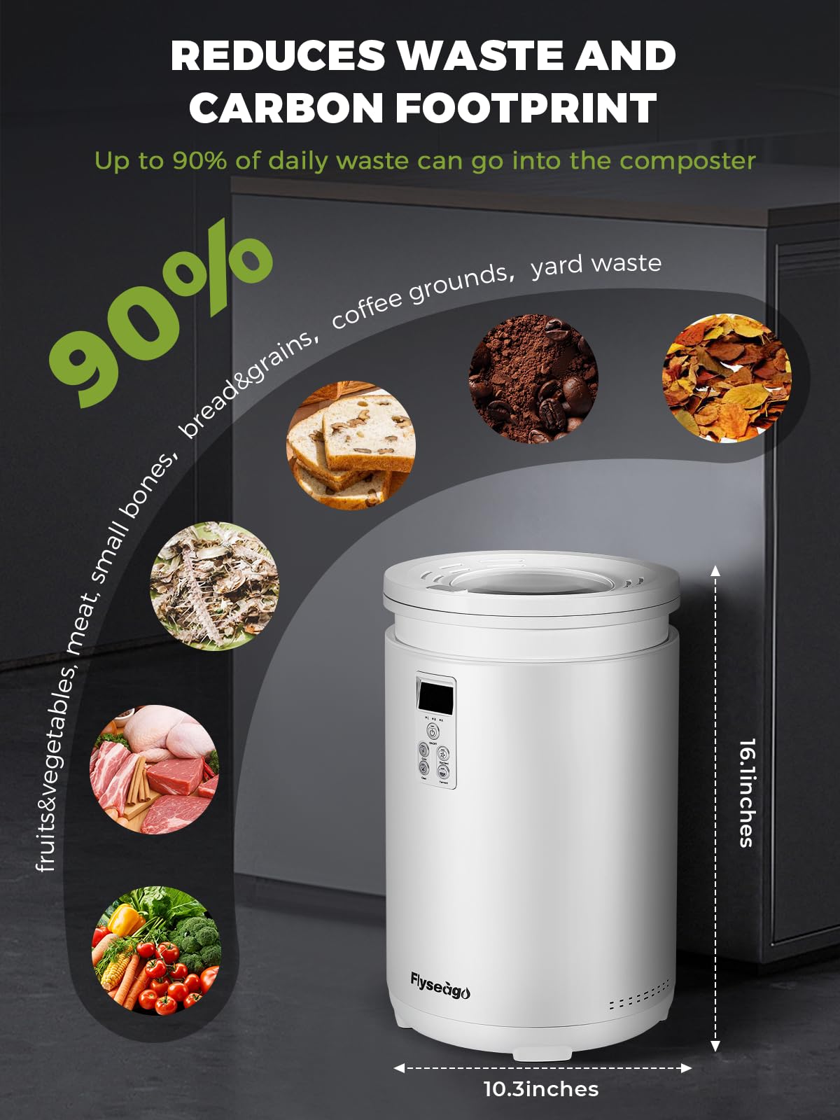Flyseago Electric Composter for Kitchen Smart Odorless Countertop Compost Bin Machine Quiet Larger 4.5L Indoor Food Cycler with Auto Cleaning, 3 Modes, 2 Carbon Packs, Turn Food Waste into Fertilizer