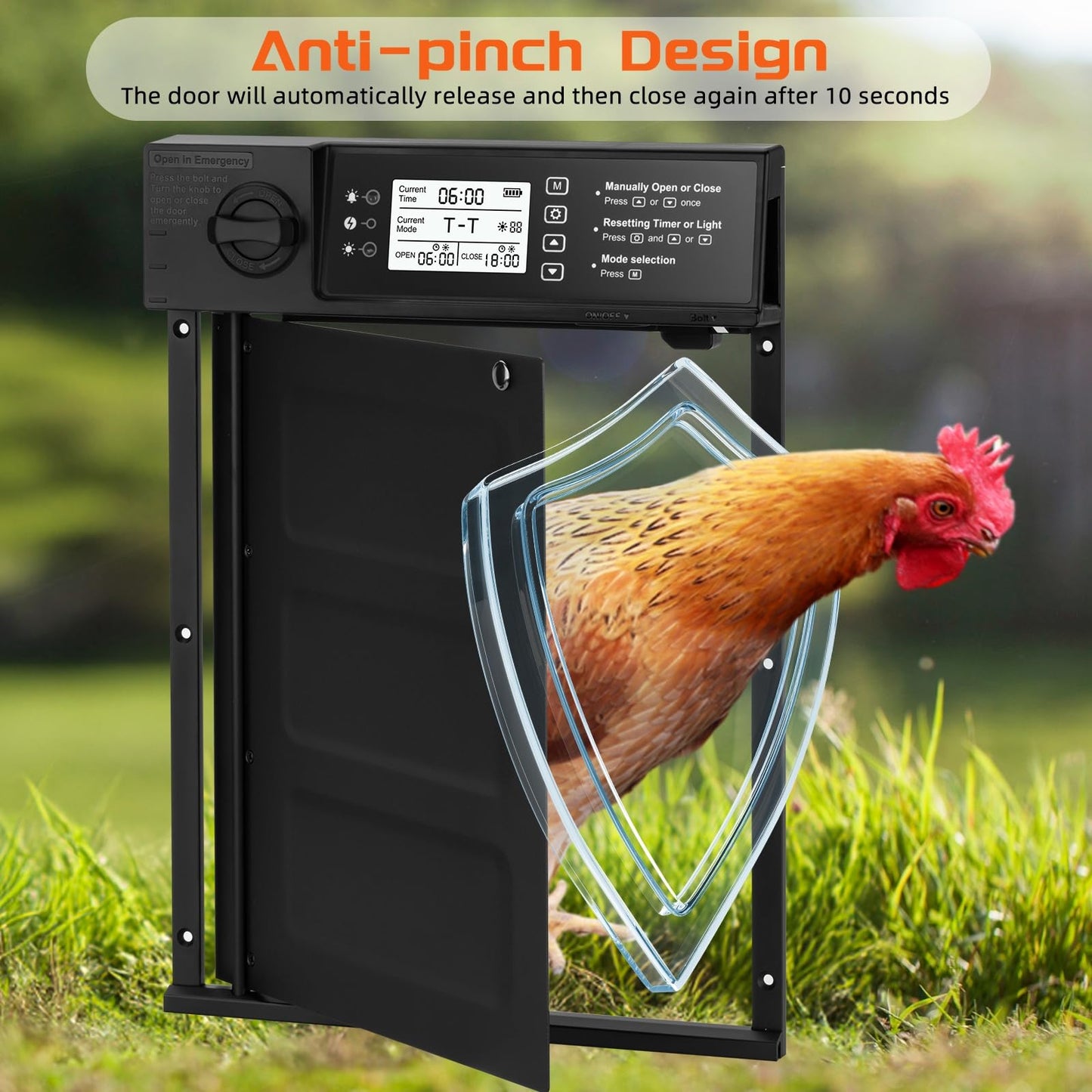 Doirdon Automatic Chicken Coop Door Solar Powered, Cold Weather Electric Chicken Door Large Size Aluminum Door with Light Sensor & Timer with Power Off Emergency Mode 14.9" H x 11" W