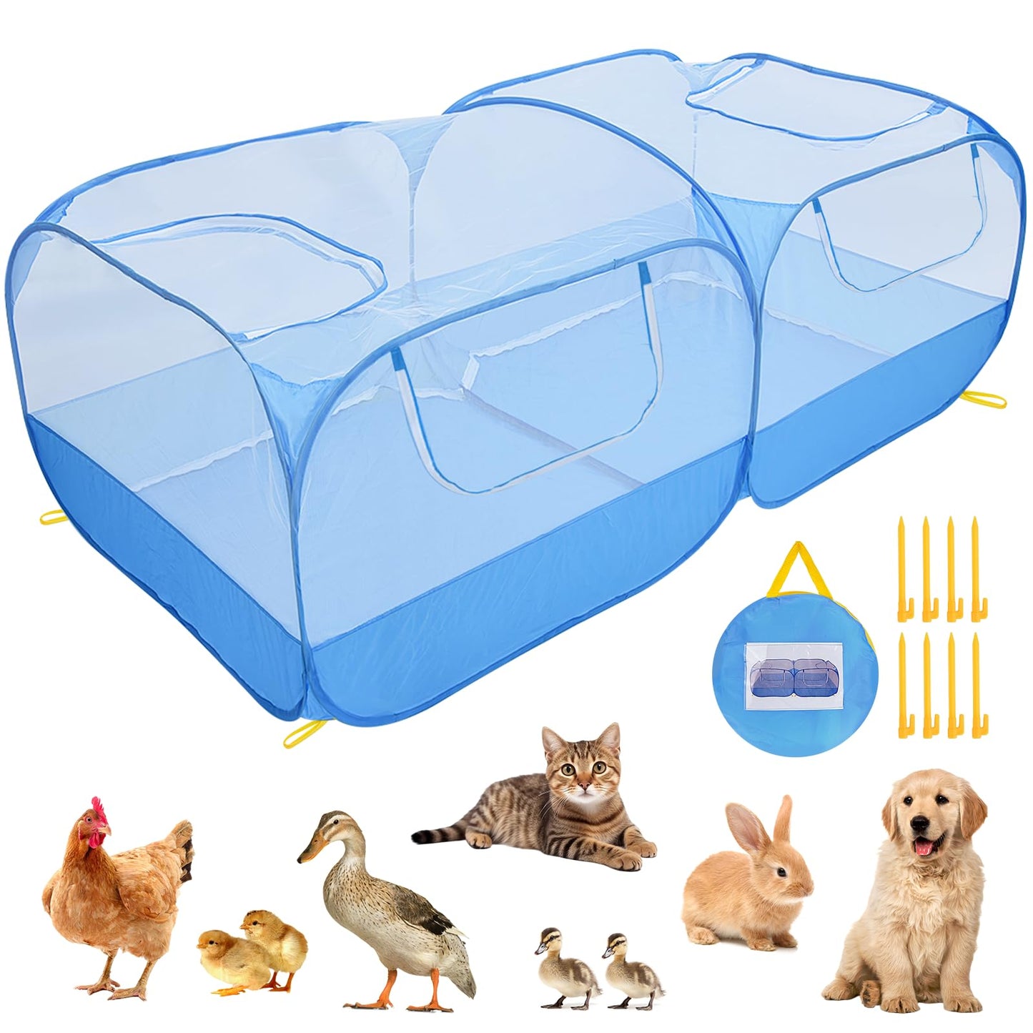 Jhua Pet Playpen for Small Animals, Portable Chicken Run with Detachable Bottom and Cover, Foldable Chicken Coop Indoor Outdoor Pet Pen with Transparent Mesh Walls for Chicken Duck Puppy Cat Rabbit