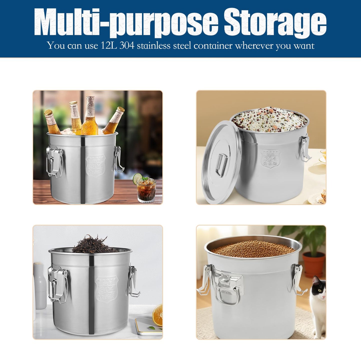 304 Stainless Steel Airtight Canister, 3.17Gal/405oz Airtight Food Storage Container with Lid and Lock Clips, Large Metal Pantry Storage Canister for Coffee Beans, Flour, Tea, Sugar, Cereals