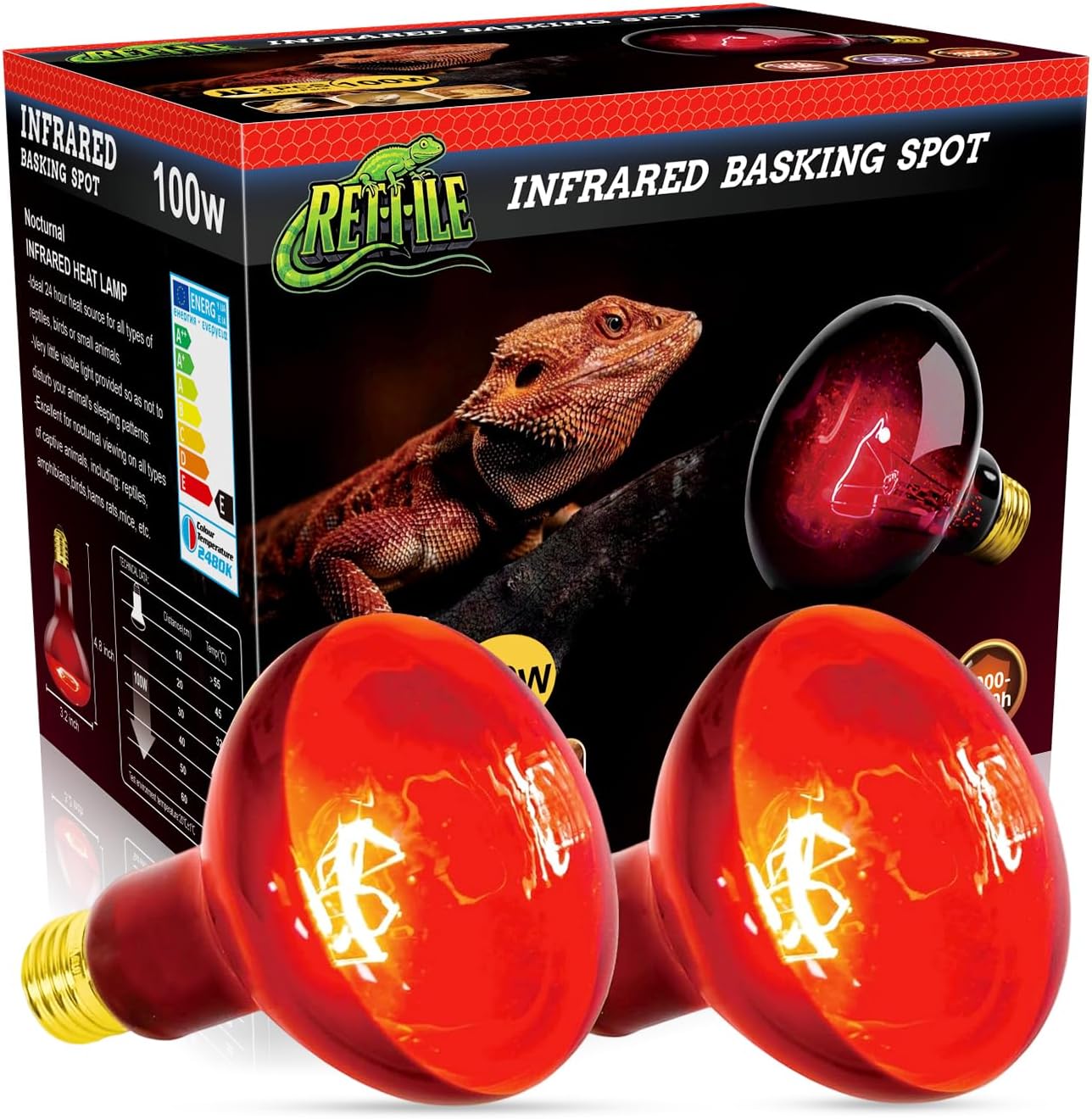 MISDOOD Reptile Heat Lamp Bulb 100W 2PCS, Infrared Heat Emitter Red Heat Lamp for Reptile Amphibian, Infrared Basking Spot Light Bulb