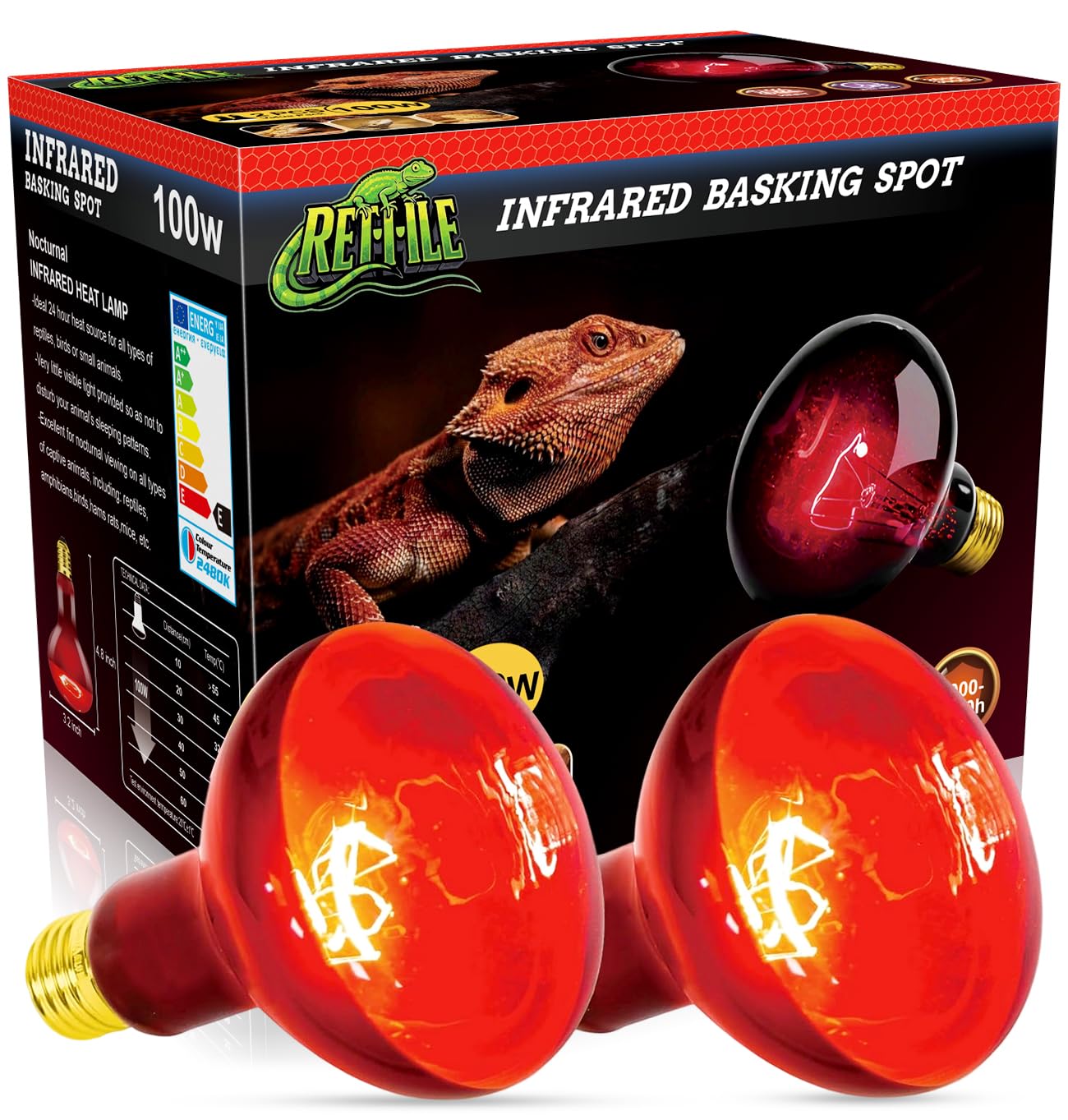 MISDOOD Reptile Heat Lamp Bulb 100W 2PCS, Infrared Heat Emitter Red Heat Lamp for Reptile Amphibian, Infrared Basking Spot Light Bulb
