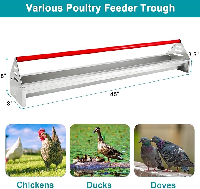 Chicken Feeding Trough 45", Heavy Duty Galvanized Steel Feeder with Drainage Holes & Crossbar, Poultry Feeder Trough for Chicken, Duck, Geese, Turkey, Rabbit and Pigeon