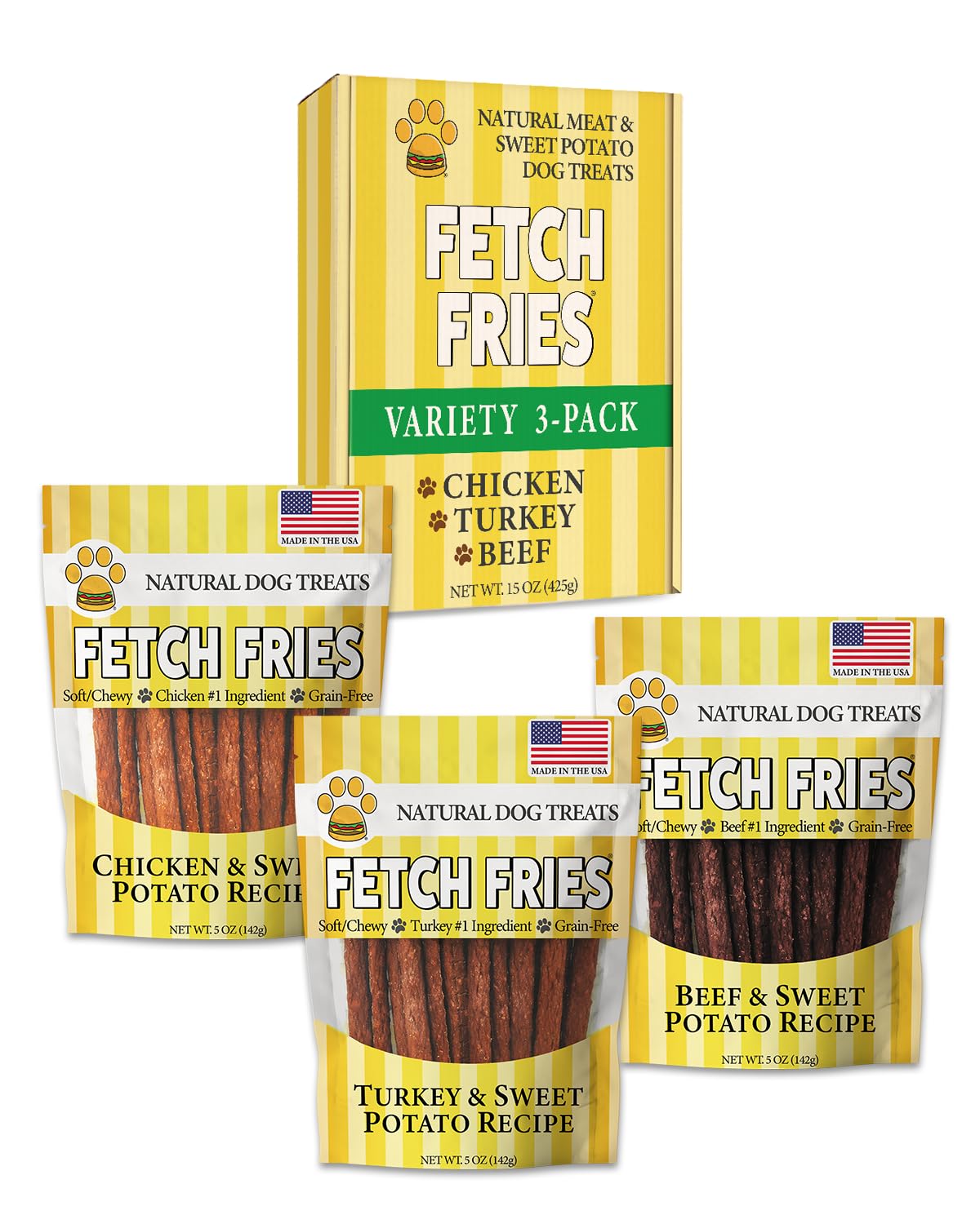 Fetch Fries Chicken, Turkey, and Beef with Sweet Potato Dog Treats, Soft Jerky for Small and Large Breeds, Naturally Healthy, Made in The USA, 3-Pack of 5 oz Bags (15 oz Total)