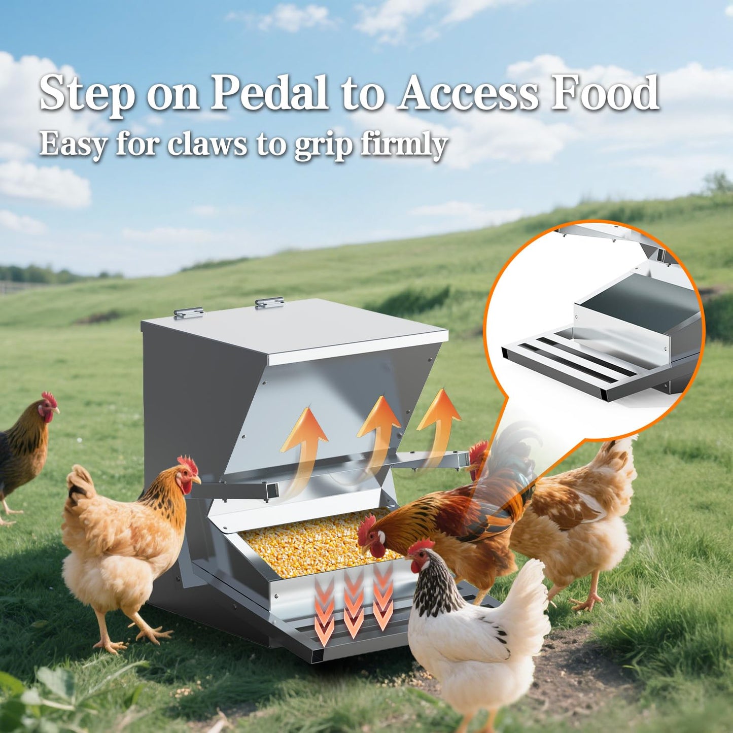 BUYYAH 40lb Automatic Metal Treadle Feeder, Sturdy Galvanized Steel Poultry Feeders, Automatic Chicken Feeder, Suitable for Chicken, Geese, Ducks, Turkeys and Quails
