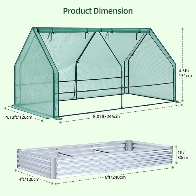 Ohuhu Raised Garden Bed with Greenhouse, 8x4x1 FT Galvanized Metal Planter Box with PE Cover, 4 Doors for Ventilation, 3-in-1 Gardening Set for Vegetable Flower Herb Succulent