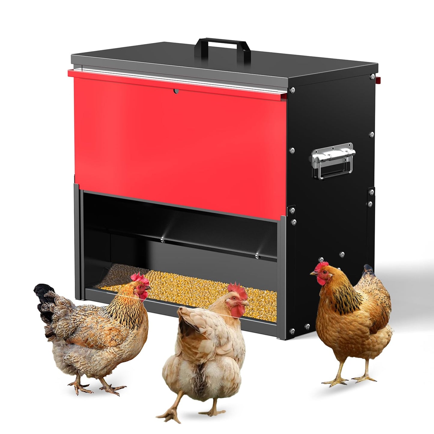 BUYYAH 100lb Capacity Chicken Feeder, Metal Poultry Feeder, No Waste Waterproof Chicken Feeder, Suitable for Geese, Ducks, Turkeys, Quails