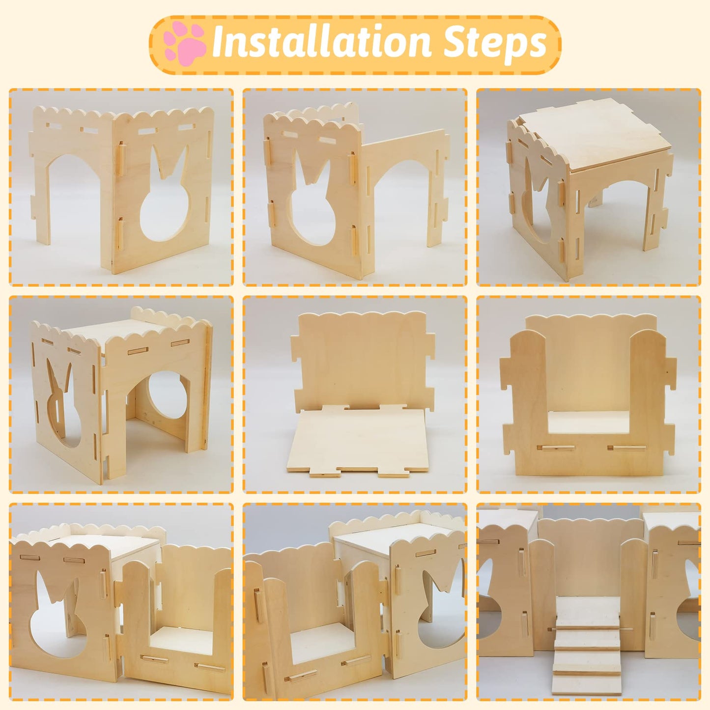 Fhiny Wooden Rabbit Castle, Small Animals Large Tunnel with Bridge Detachable Bunny Fort Hideout Rest and Playhouse with Windows for Rabbits Guinea Pigs Chinchilas Kittens