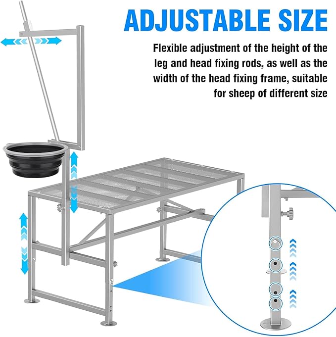 600 LBs Goat Stand with Feed Bin, Goat Milking Livestock Stand for Sheep Trimming and Milking, for Hoof Trimming, with Feeder, Adjustable Size, Iron Silver