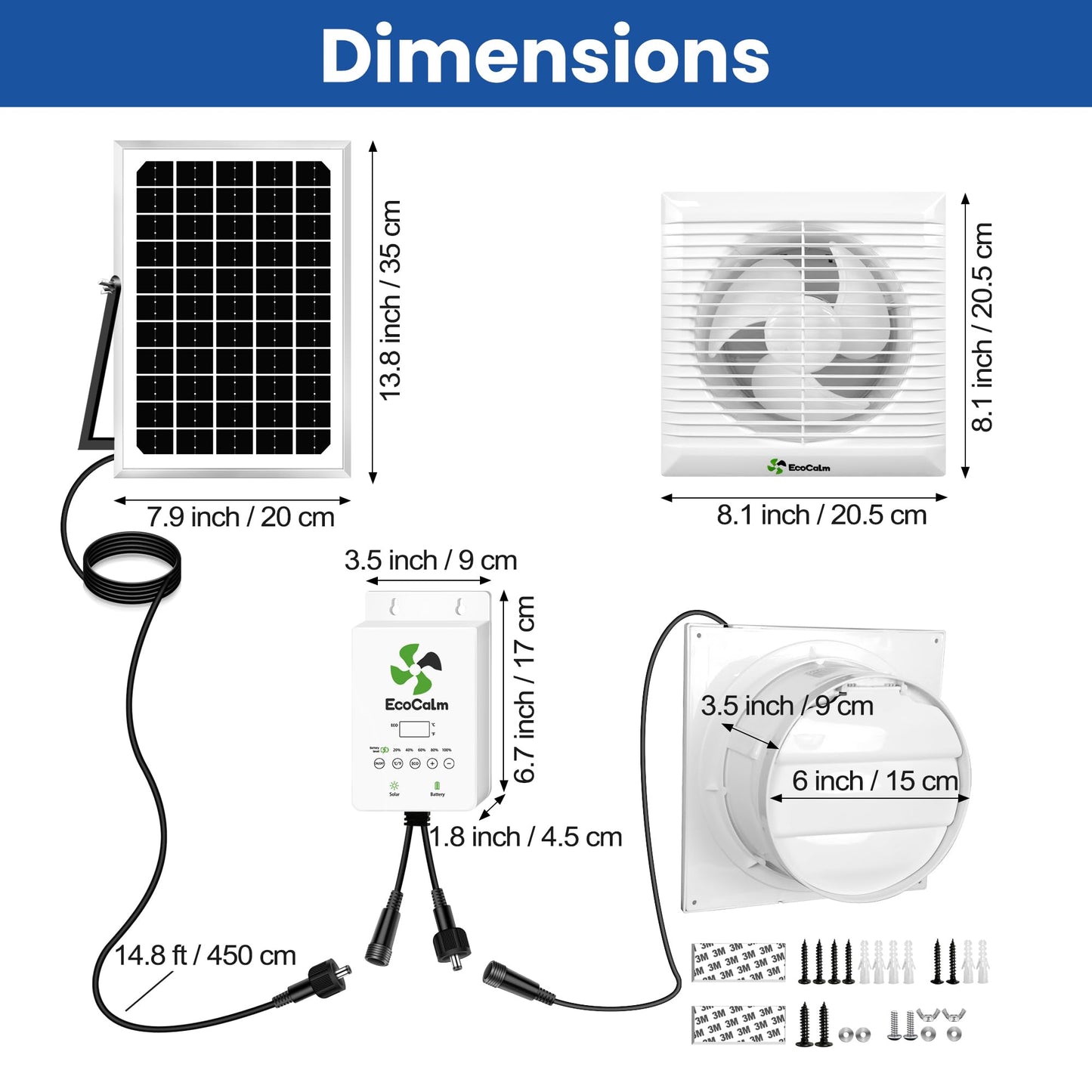 ecoCalm Solar Powered Fan with Battery and Adjustable Thermostat, 6“ Solar Fan for Chicken Coop with 12W Bifacial Solar Panel, Outdoor Greenhouse Exhaust Fan with Anti-backflow Valve