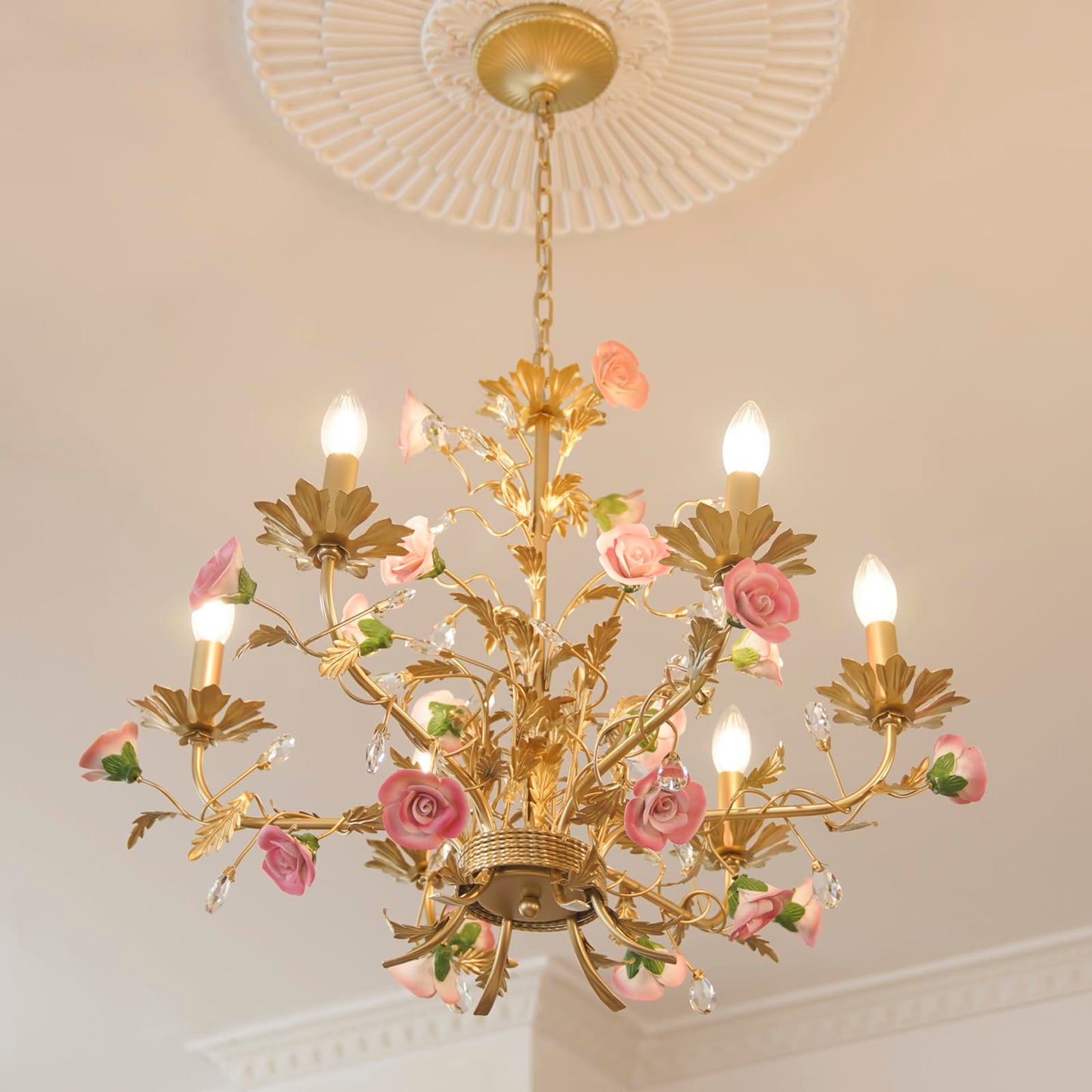 Farmhouse Dining Room Over Table Chandelier, Hanging Light Fixture Pink Bedroom, Art Deco Unique Rustic Tree Lamps Leaves Lighting Fixtures, Foyer Living Room Kitchen Ceiling Crystal Pendant Lights