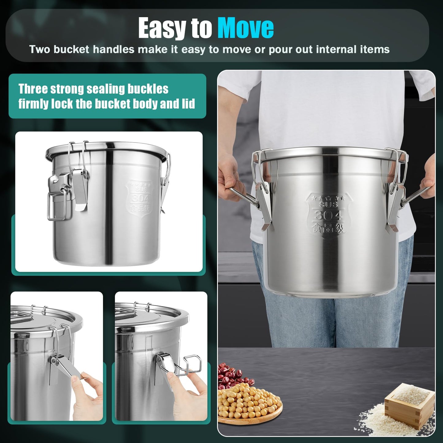 304 Stainless Steel Airtight Canister for Home, Rice Cereal Grain Canisters Container, Metal Kitchen Rice Oil Storage Bucket for Household Kitchen Food w/Handles+Lid (Silver-12L)