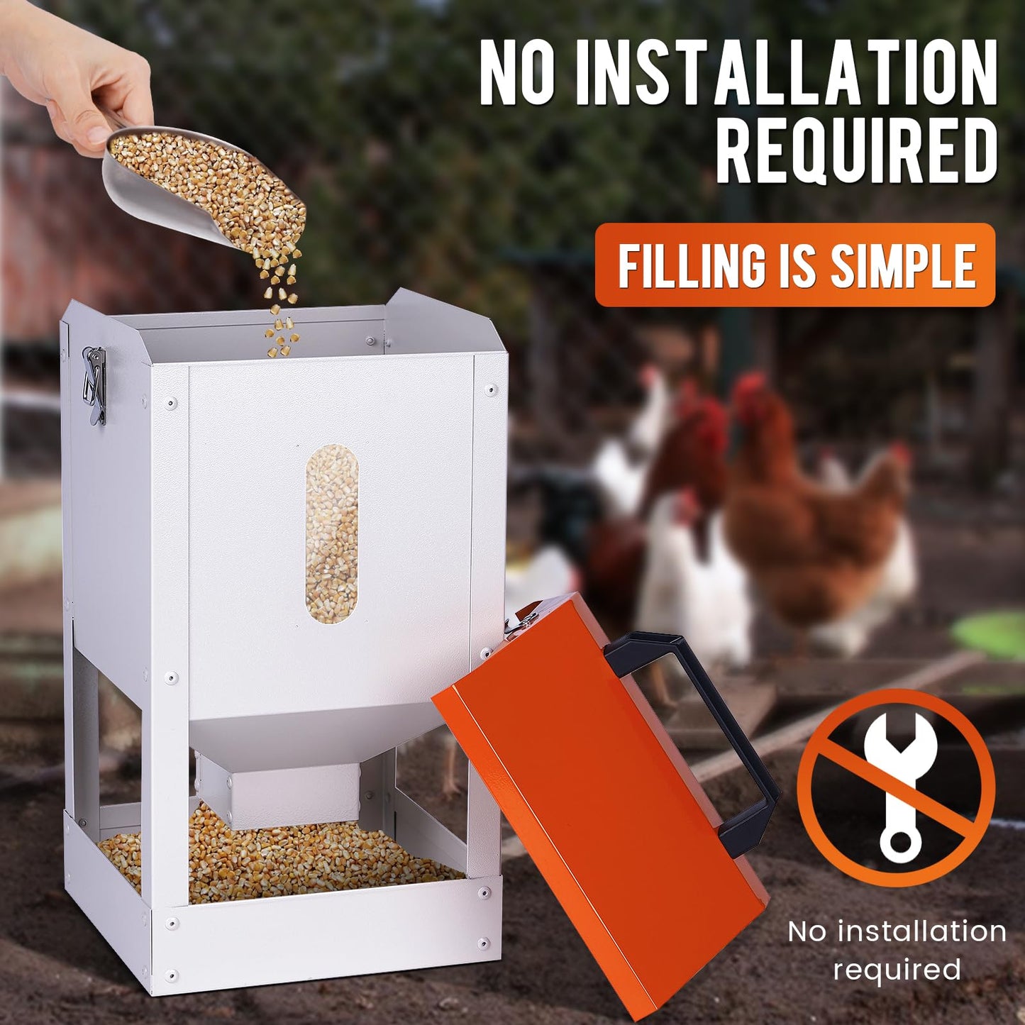 Galvanized Automatic Chicken Feeder No Waste 20lbs Large Metal Chicken Feeders Trough Dispenser Outdoor Poultry Feeders with Visual Window and Weatherproof Lid for Chickens Ducks Geese Turkeys Quails