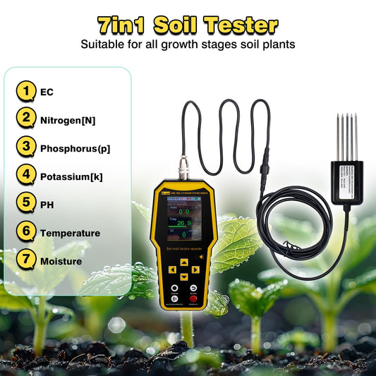 7 in 1 Soil Tester with LCD Display, Nitrogen Phosphorus Potassium NPK Tester, Handheld Soil PH Meter Kit, Temperature, Conductivity, Moisture, EC Meter for Petrochemical, Agriculture and Surveying