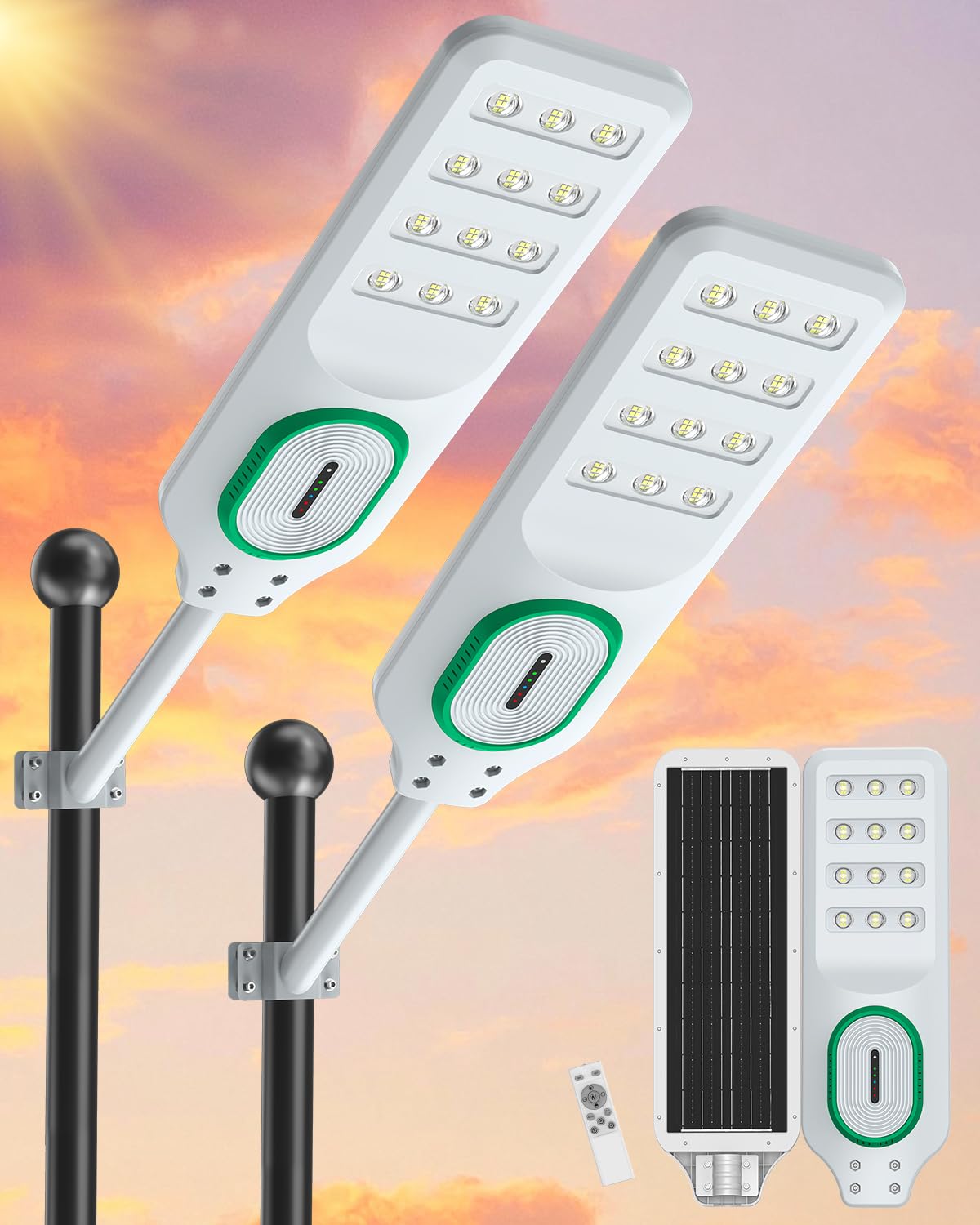 AIKVSXER L-8500W Solar Street Lights Outdoor, Commercial Dusk to Dawn Parking Lot Light, 6500K Waterproof IP67 Solar Security Flood Lights with Motion Sensor and Remote for Street,Yard, Road, 2 Pack
