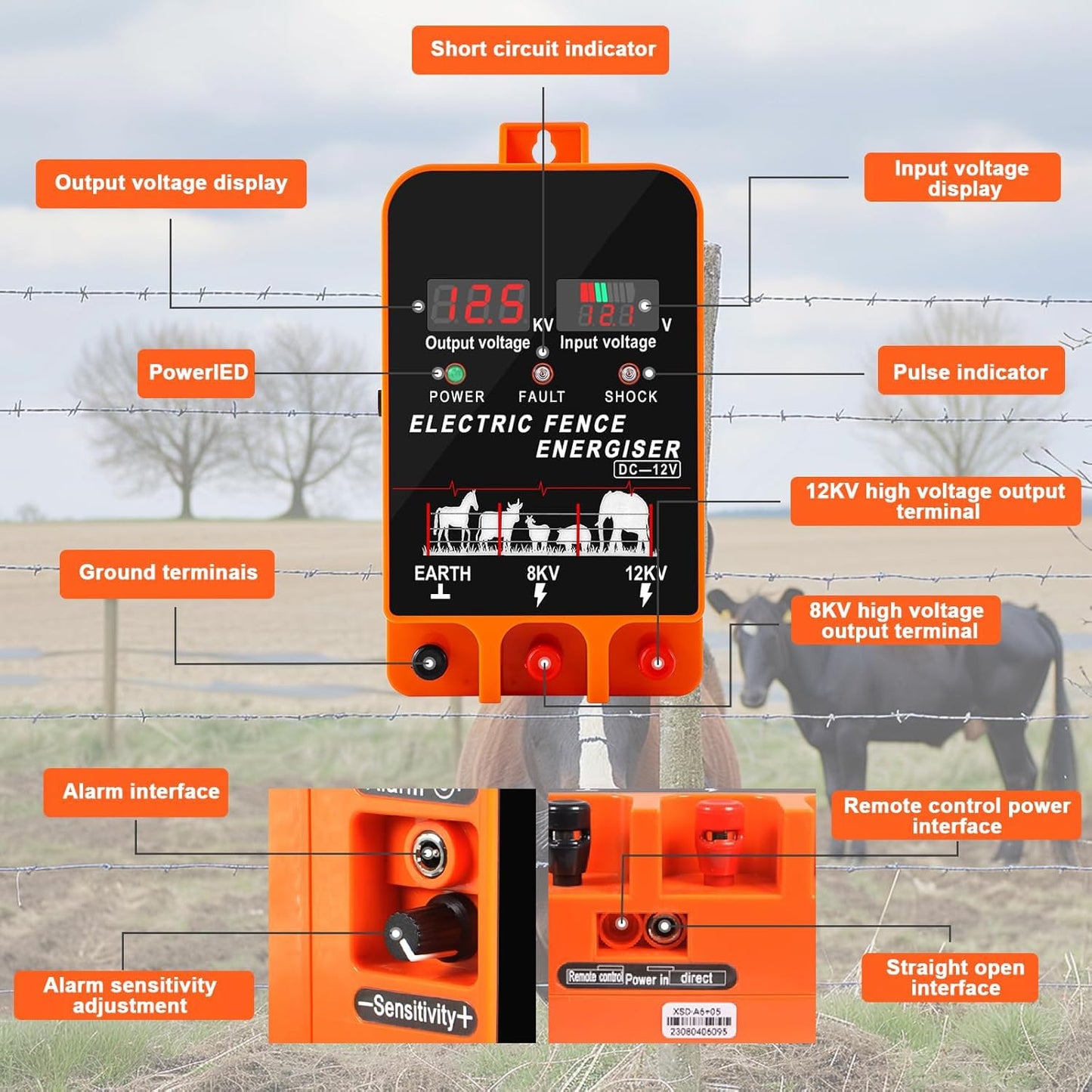 5.5J Electric Fence Charger Energizer, 5.5 Joules 10 Miles, AC DC 2 in 1 Powered Supply, Input 12V Output 8 KV or 12KV, with Display and Alarm, Contain Cattle Cow and Livestock, No Remote