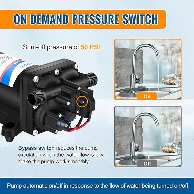 YOUNGTREE 12V RV Water Pump 3.5GPM 55PSI On Demand Fresh Water Pressure Diaphragm Pump 12 Volt Self Priming with Pressure Switch for RV Camper Marine Sprayer Outdoor Shower Kitchen Garden