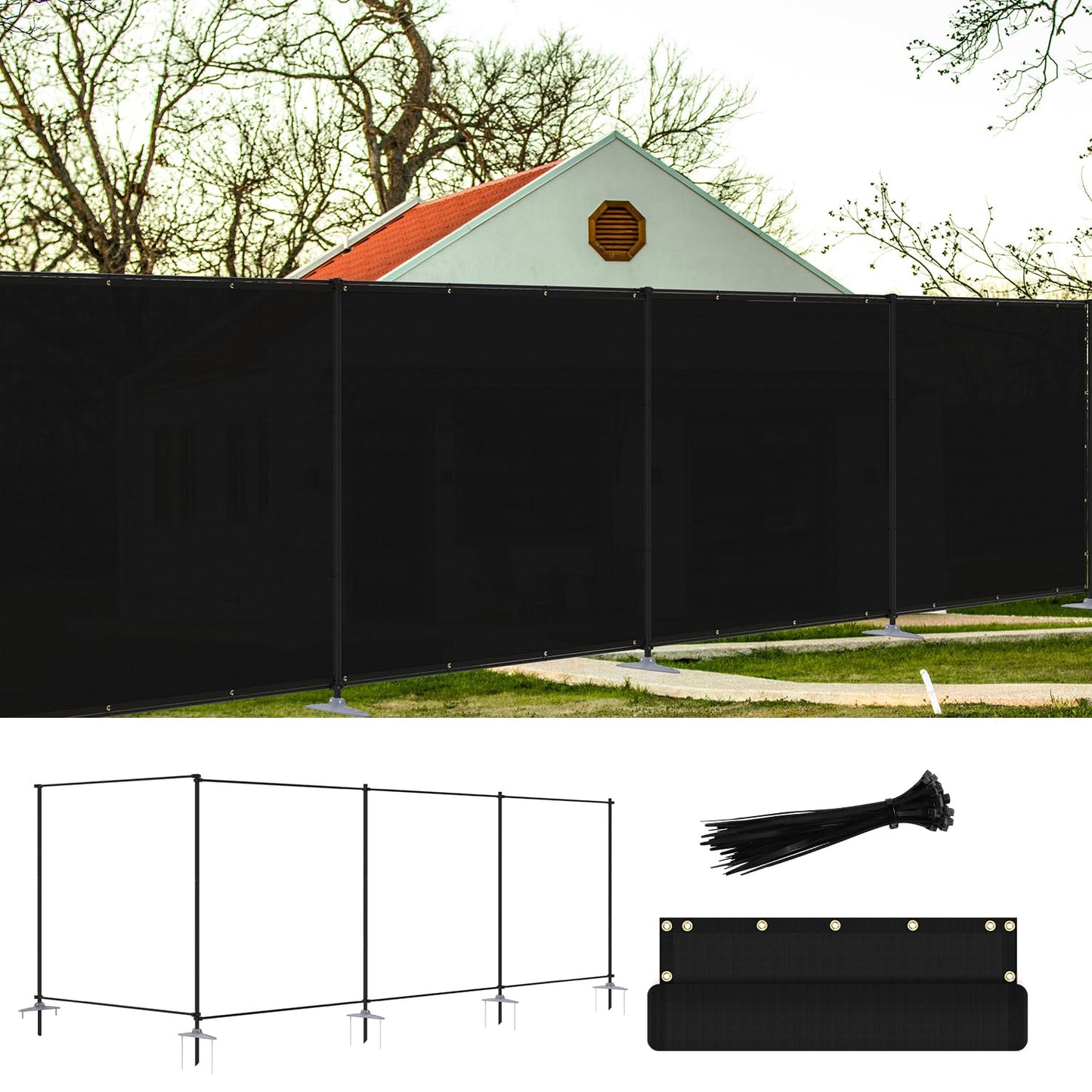 FLORALEAF 6'x24' Outdoor Privacy Fence with Iron Poles Rails Dog Fence for Garden Patio Backyard Yard Temporary Safety Barrier Chicken Metal Fence with Spikes, Black
