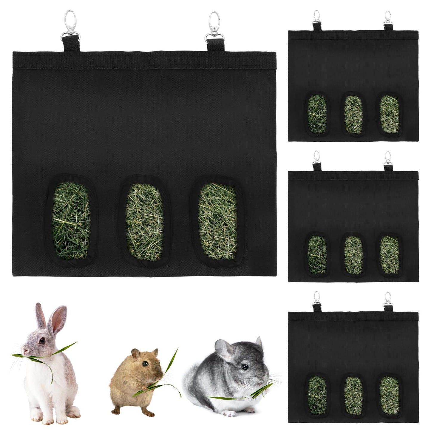 LDXDRU 4Pcs Rabbit Hay Feeder Bag, 3 Hole Hay Bag for Rabbits, Guinea Pig Hay Feeder, Small Animal Hanging Hay Bag for Rabbits Bunny Chinchillas Hamsters and Other Small Pets (Black)
