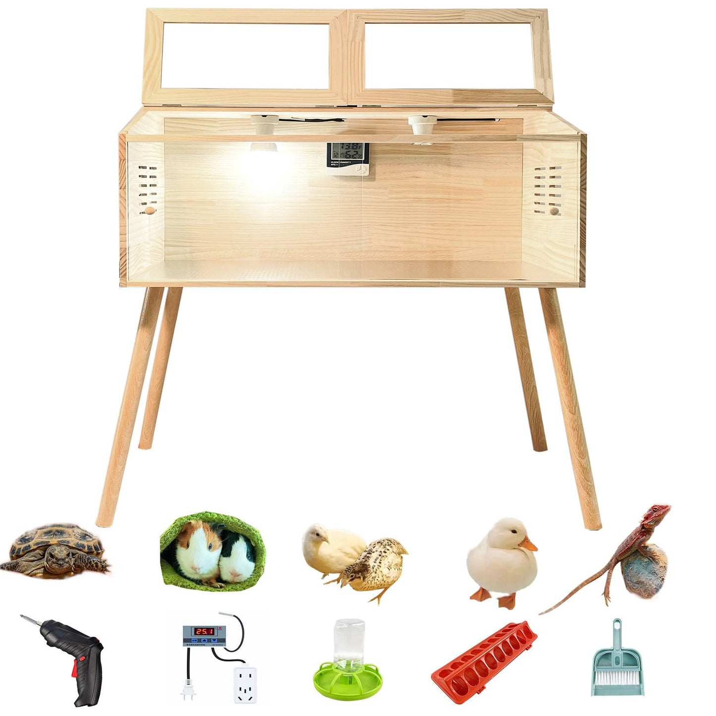 Fengxin Brooder Box for Chicks,Quail cage,Quail coop,Kit with Heat,Chick Brooder Box with Sliding Door,with Thermostat,Table Legs, Temperature and Humidity Meter (31.5×16×16 inches)
