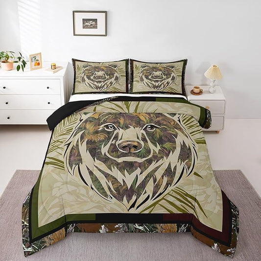Rustic Bear Comforter Set Queen Hunting Camo Bedding Set For Boys Adults Men,Camouflage Woodland Animal Bedding Comforters For Farmhouse Cabin Lodge,Nature Conifer Oak Branches Quilt 2 Pillow Cases