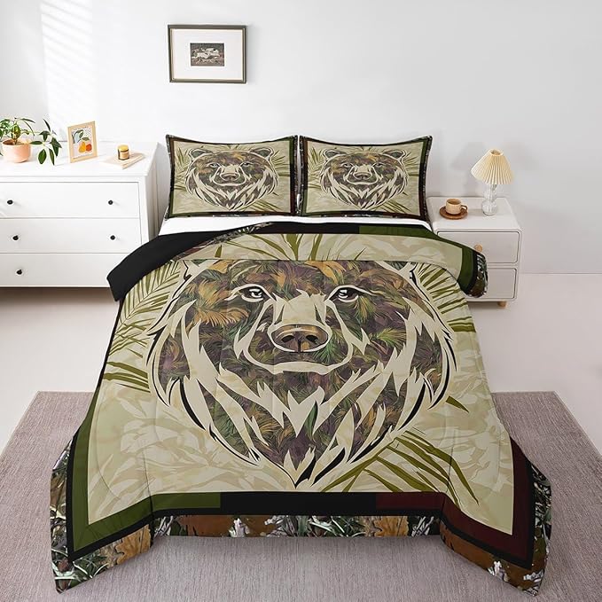 Rustic Bear Comforter Set Full Hunting Camo Bedding Set For Boys Adults Men,Camouflage Woodland Animal Bedding Comforters For Farmhouse Cabin Lodge,Nature Conifer Oak Branches Quilt 2 Pillow Cases