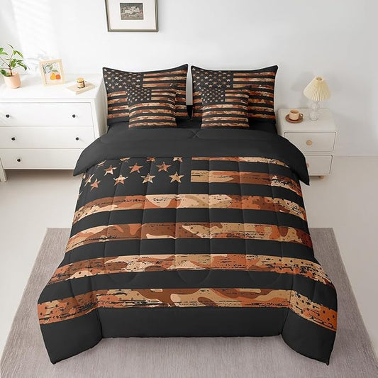 Feelyou American Flag Bedding Bed Set Set Twin Size Orange Brown Camouflage 7 Pieces Bedding Set, Boys Girls Decor Camo Stripes All Season,Bed in a Bag with Comforter, Sheets, Pillowcases Abstract