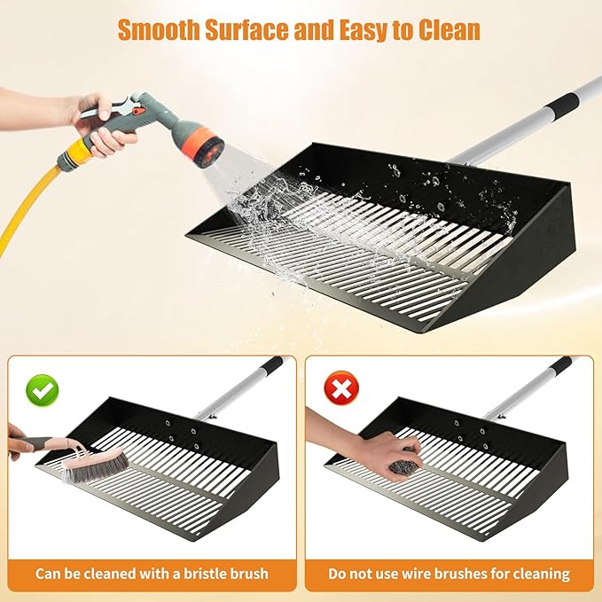Chicken Poop Scooper, 15 Inch Wide 37 to 63 Inch Adjustable Chicken Coop Scoop for Sand with Work Clothes, Black Metal Multifunctional Sifting Shovel for Chicken Run, Animal Farm