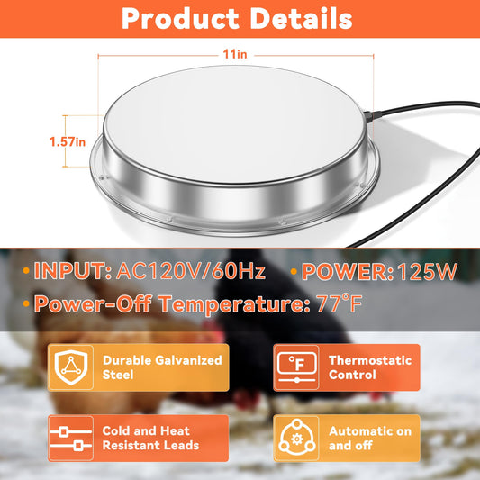 Tiflev Chicken Water Heater, 110 Watt Chicken Waterer Heated Base 11 in for Metal Poultry Founts, Chicken Drinker Heater for Winter