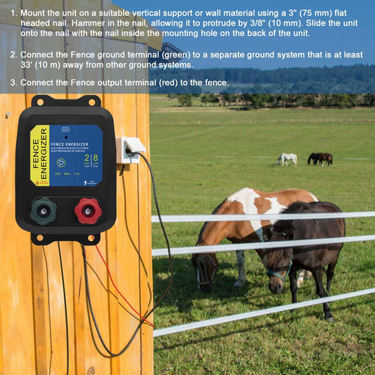 PE2 Electric Fence Charge Electric Fence Energizer, 2-Mile/ 8 Acres Electric Fence Charger,Livestock Fence Chargers for Containing Dogs, Livestock and Preventing Wild Animals Intruding