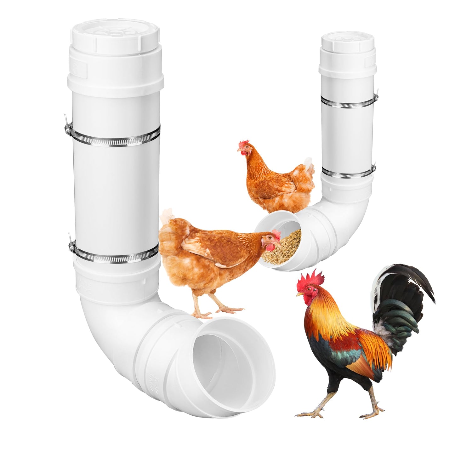 UCandy Automatic Chicken Feeder, 6 Pounds Capacity Heavy-Duty PVC Pipe No Waste Chicken Coop Feeder, Poultry Gravity Feed Port for Chicken Feeding