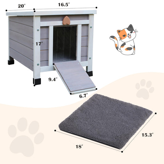 Hicaptain Feral Cat House for Outdoor, Weatherproof Cat House Outdoor, Warm Wooden Small Pet House and Habitats (Grey House + Mat)