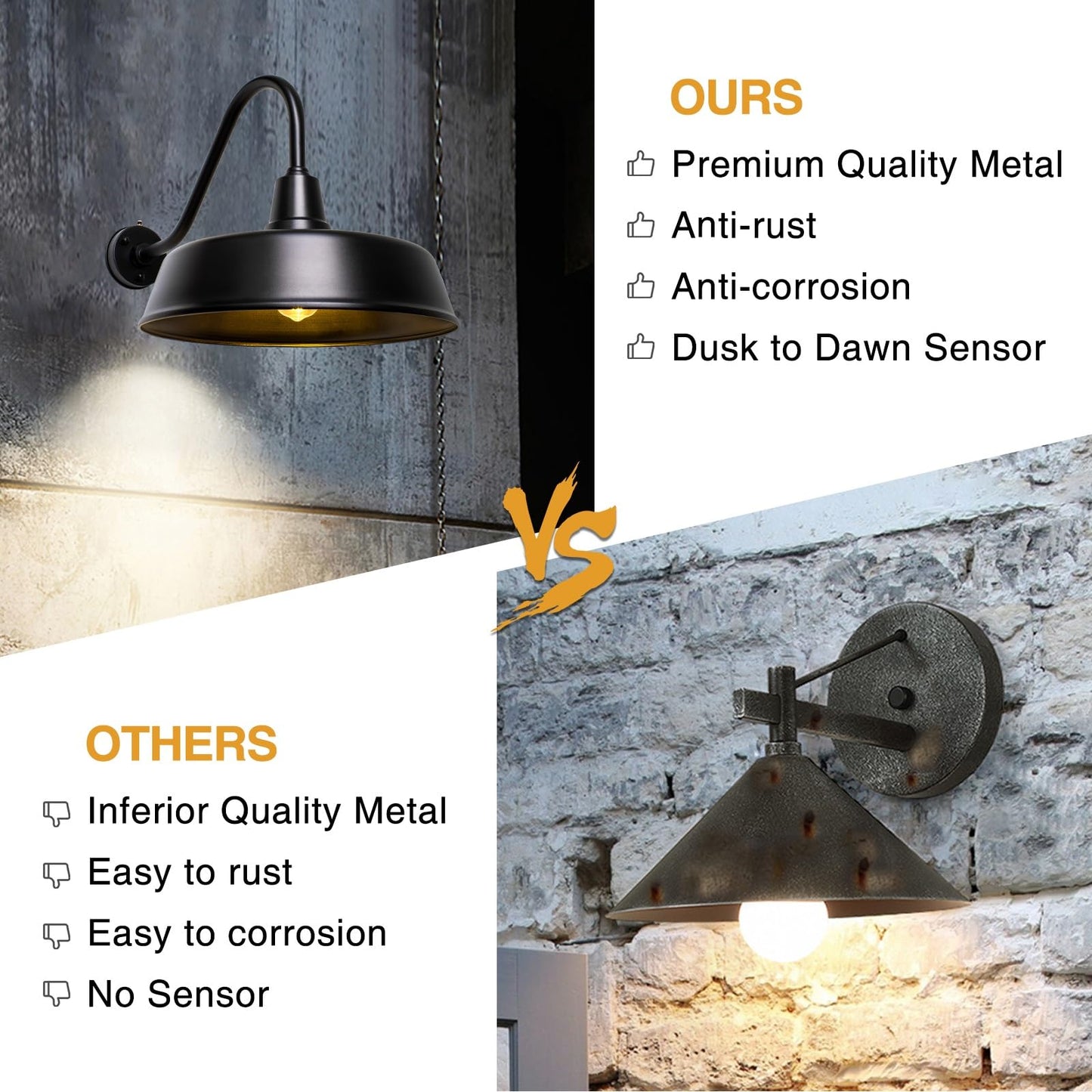 Naurham 24 inch Barn Lights Outdoor Gooseneck Lighting, Dusk to Dawn Black Exterior Barn Lights, Farmhouse Wall Lighting Fixtures with Sensor for Porch Garage (2, 24" Diameter)