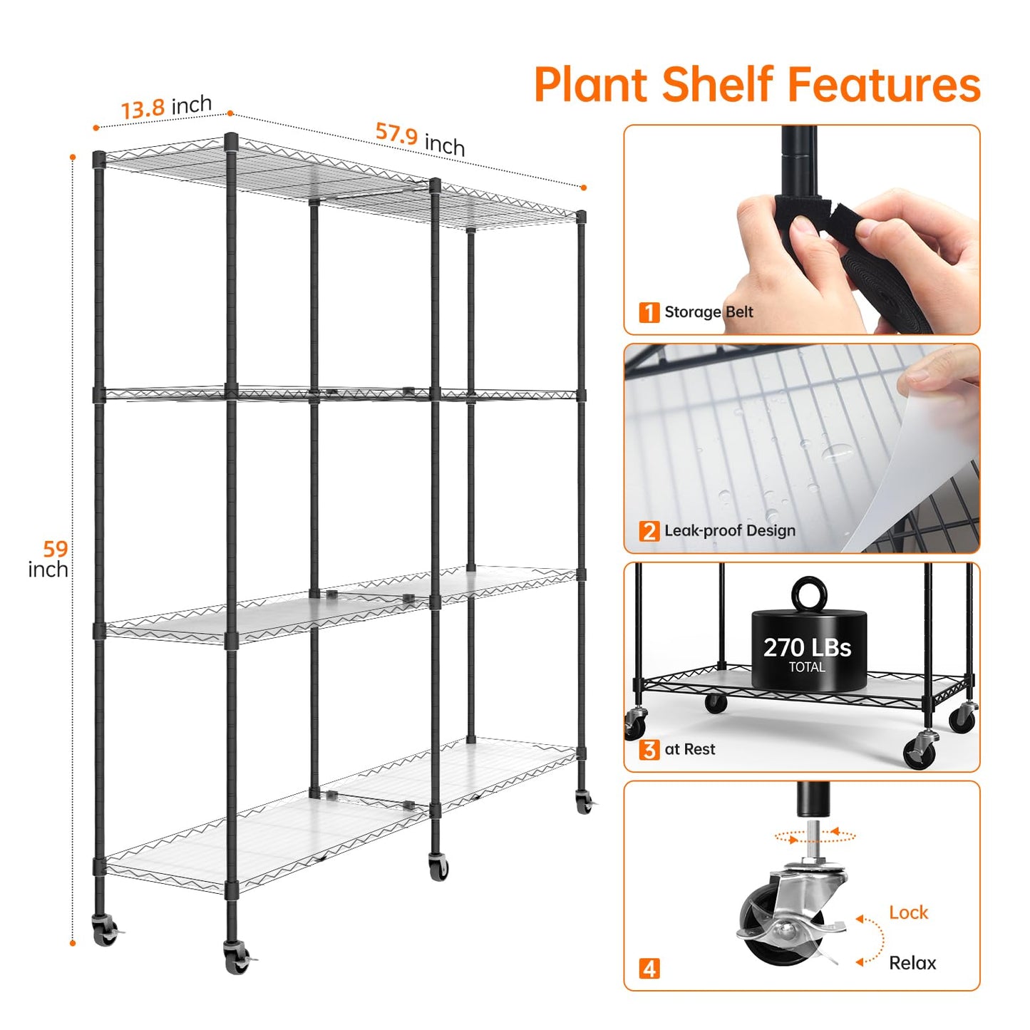 Bstrip Plant Shelf with Grow Light, 4-Tier Large Grow Light Shelf with Wheels, Stainless Steel, 12-Pack 288W T8 Full Spectrum Grow Lights for Seed Starting(57.4" L x 13.8" W x 59" H)