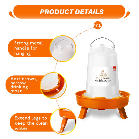 Eggluuz Chick Feeder and Waterer Kit Automatic Chicken Feeder and Waterer Set, 1L Chick Feeder and 1.5L Chick Waterer with 3 Heights Adjustable Legs