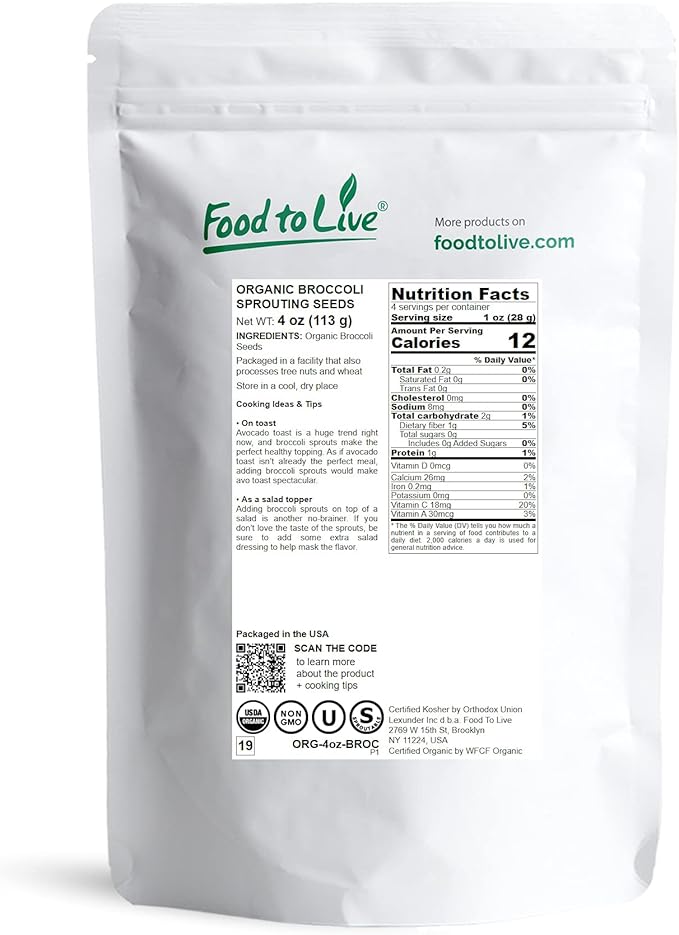 Food to Live Organic Broccoli Seeds for Sprouting, 4 Ounces – Non-GMO, Vegan, Kosher, Sirtfood, Bulk. Rich in Sulforaphane, Vitamin C. Grow Sprouts, Microgreens for Salads, and Sandwiches