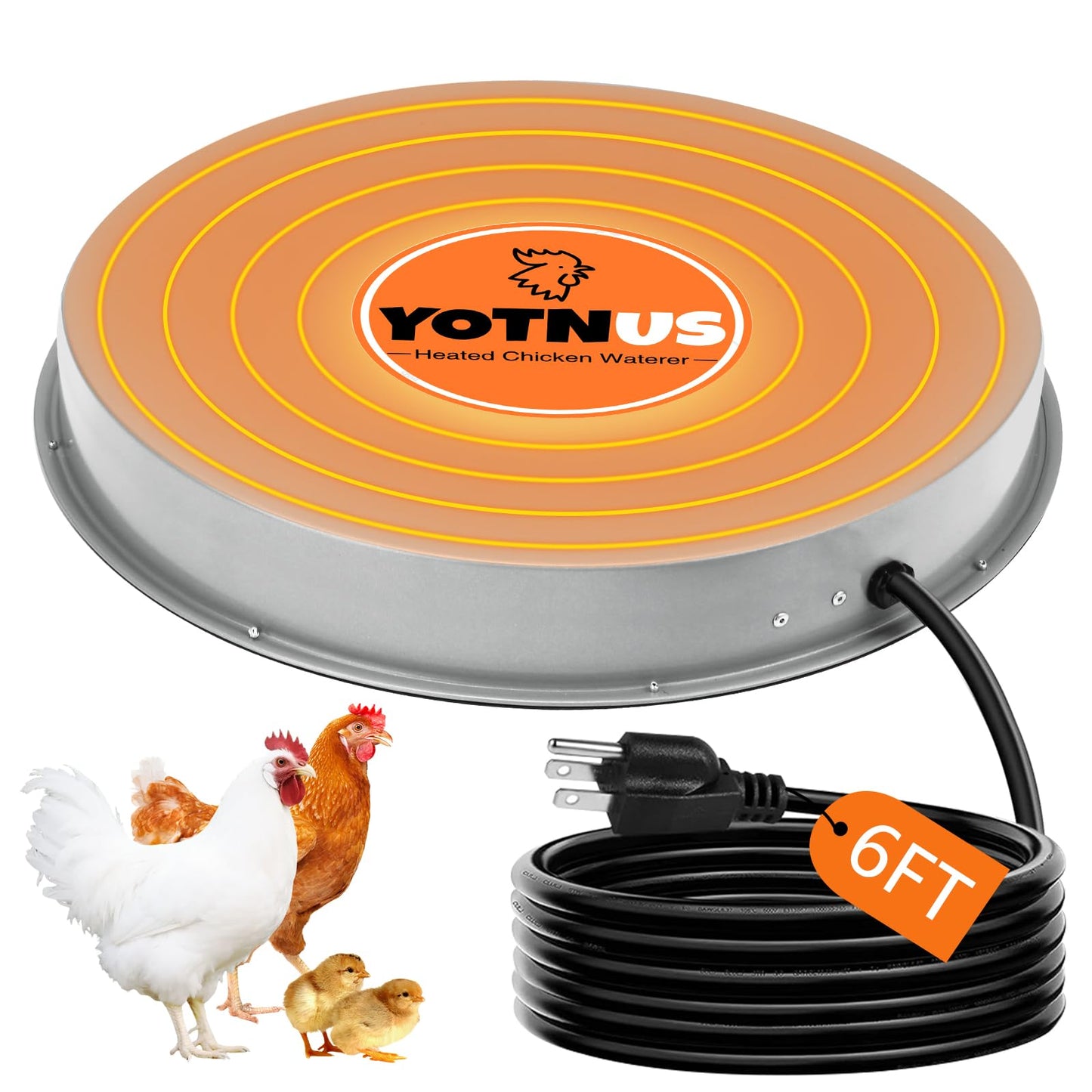 YOTNUS Chicken Water Heater for Winter: 11 Inch Chicken Water Heater Base, 77℉ Automatic Shut-Off, Safe for Outdoor Use, 125W Heated Chicken Waterer, Poultry Water Deicer with 6 Feet Cord