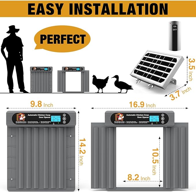 Automatic Chicken Coop Door, Anti-Pinch Protection, Extra Large Size, Programmable Timer & Light Sensor Modes, LCD Display, Solar Powered Auto Chicken Door Opener with Remote Control