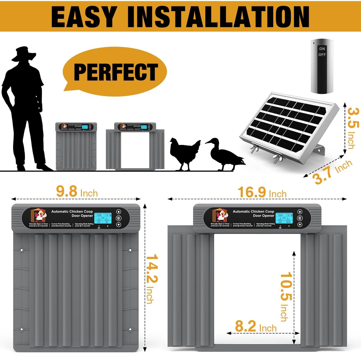 GROPOW Automatic Chicken Coop Door, Anti-Pinch Protection, Extra Large Size, Programmable Timer & Light Sensor Modes, LCD Display, Solar Powered Auto Chicken Door Opener with Remote Control