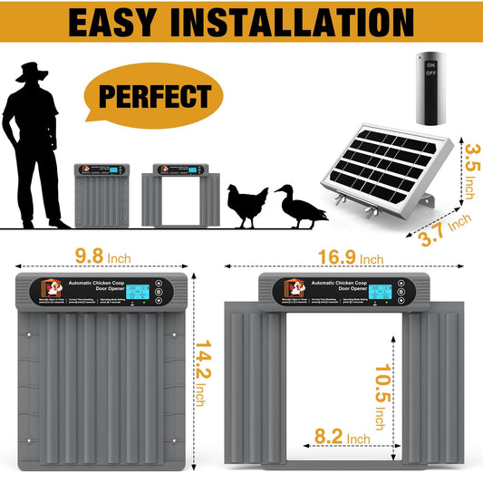 GROPOW Automatic Chicken Coop Door, Anti-Pinch Protection, Extra Large Size, Programmable Timer & Light Sensor Modes, LCD Display, Solar Powered Auto Chicken Door Opener with Remote Control