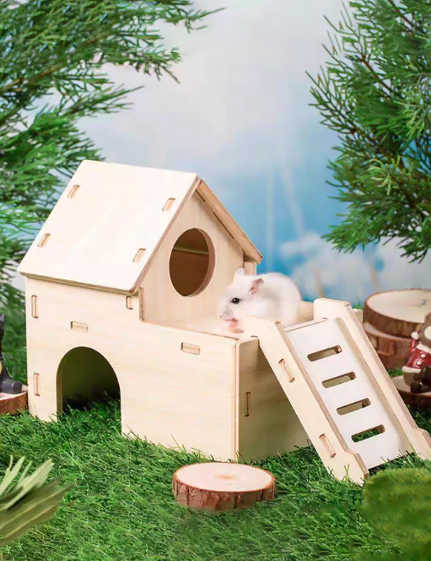 Sirvarni Hamster Hideout Cage Accessories - Hamster House and Habitat Wooden Hide Hut with Climbing Ladder and Platform for Dwarf Gerbils and Mouse Mice Rat Other Small Animals etc.