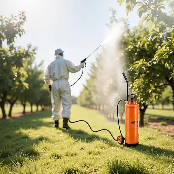 VEVOR Industrial Concrete Sprayer with Wheeled Cart, 5 Gallon Stainless Steel Sprayer, Heavy Duty Tri-Poxy Pump Sprayers, 20.5''Wand, 48" & 120" Hoses, 2 Brass Nozzles for Construction, Lawn & Garden